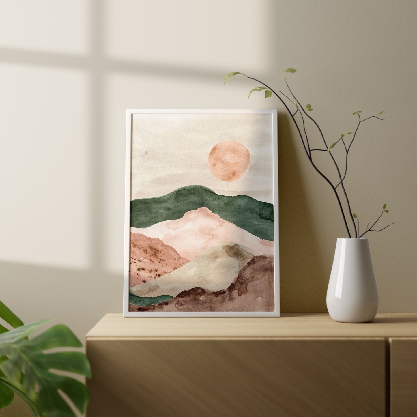 Pink and Green Watercolour Landscape Wall Prints