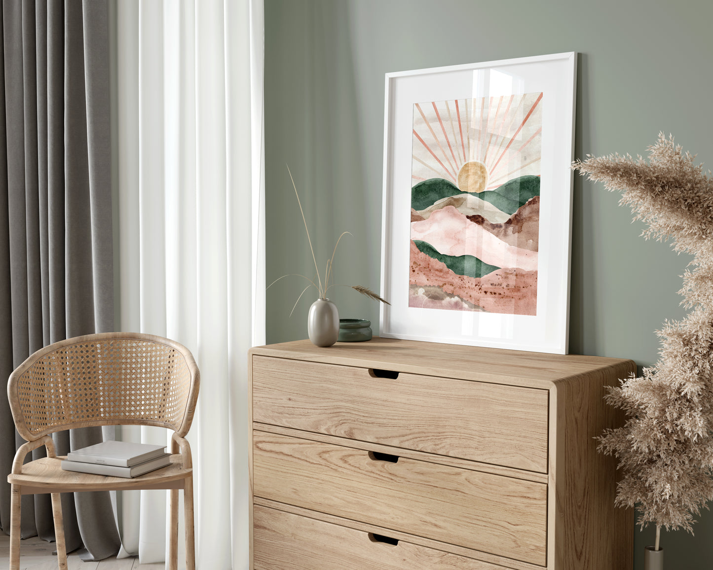 Pink and Green Watercolour Landscape Wall Prints