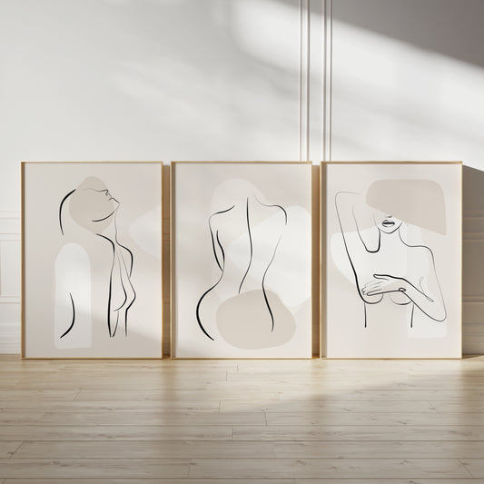 Set of 3 Neutral Abstract Bedroom Wall Prints