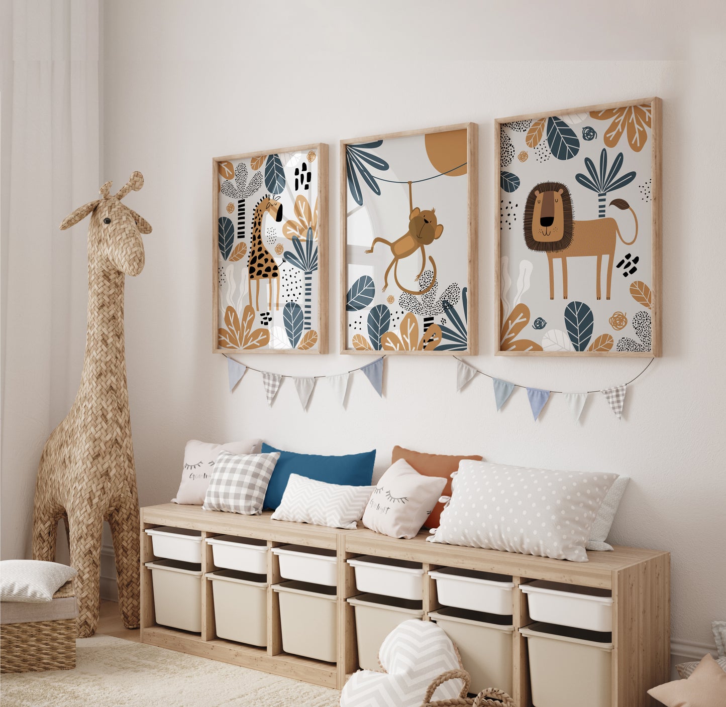 Set of 3 Blue & Grey Safari Nursery Wall Art