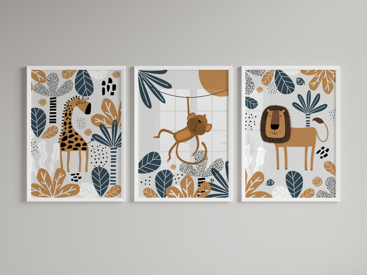 Set of 3 Blue & Grey Safari Nursery Wall Art