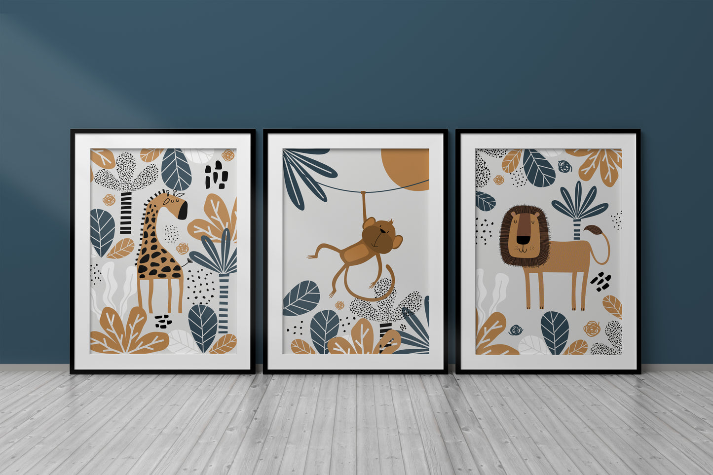 Set of 3 Blue & Grey Safari Nursery Wall Art