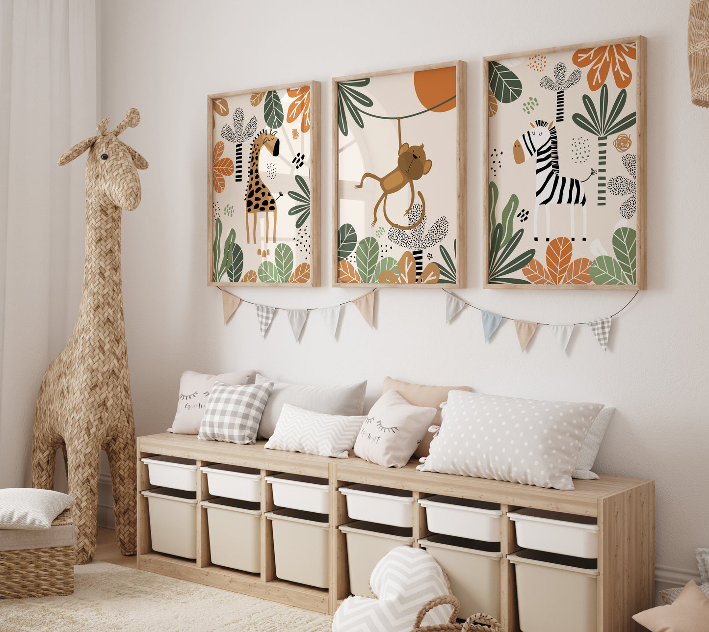 Set of 3 Orange & Green Safari Nursery Wall Art Prints