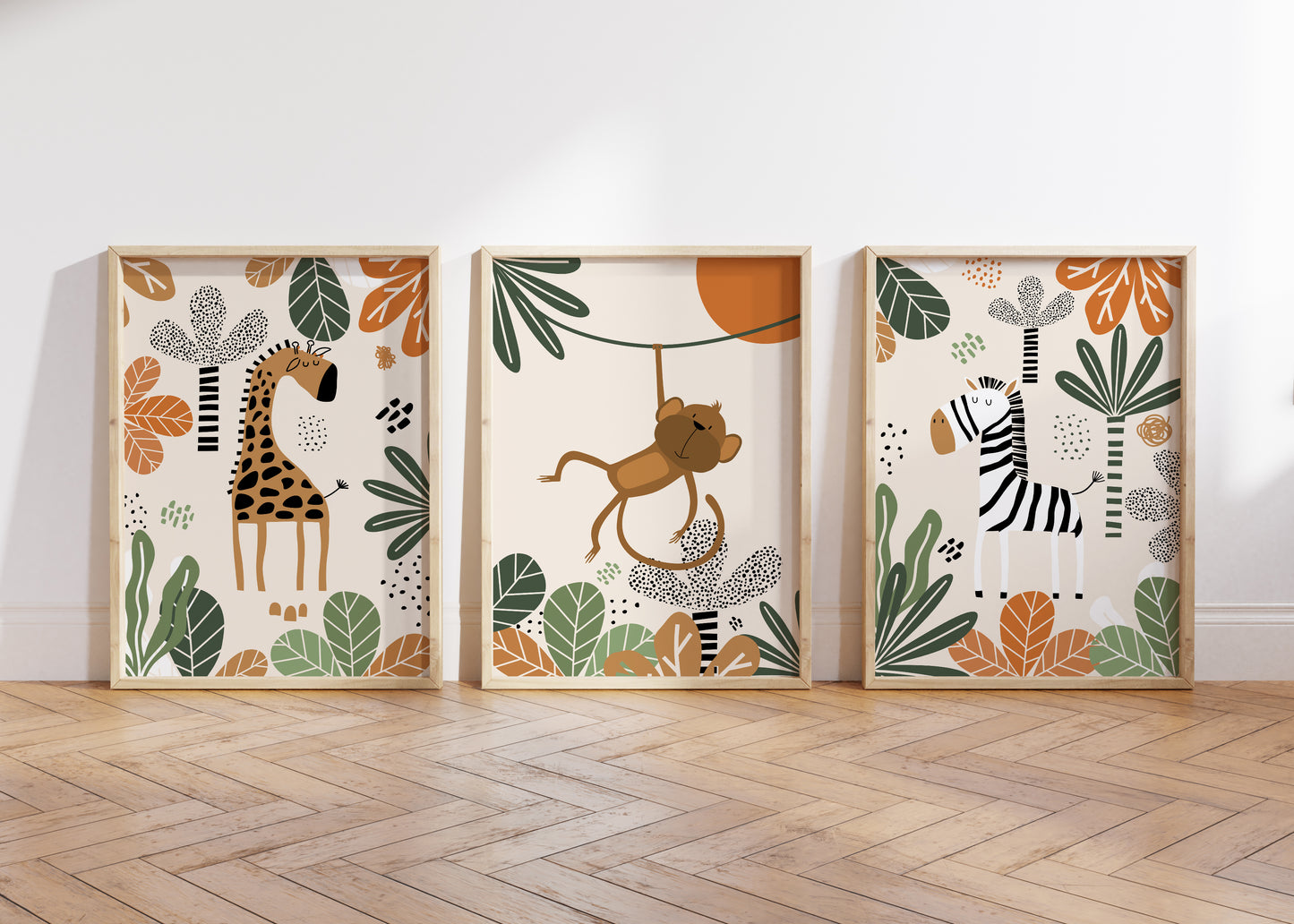 Set of 3 Orange & Green Safari Nursery Wall Art Prints