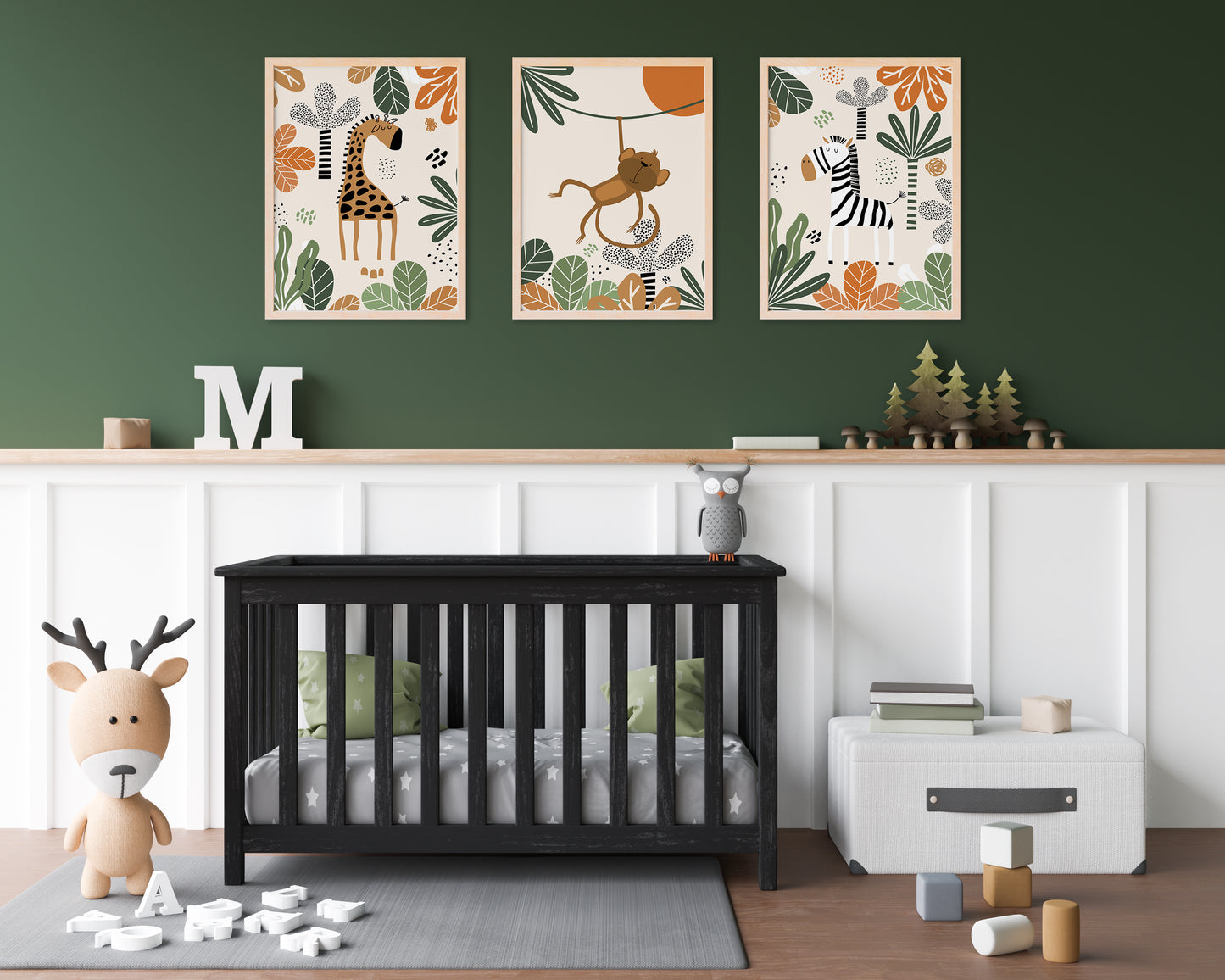 Set of 3 Orange & Green Safari Nursery Wall Art Prints