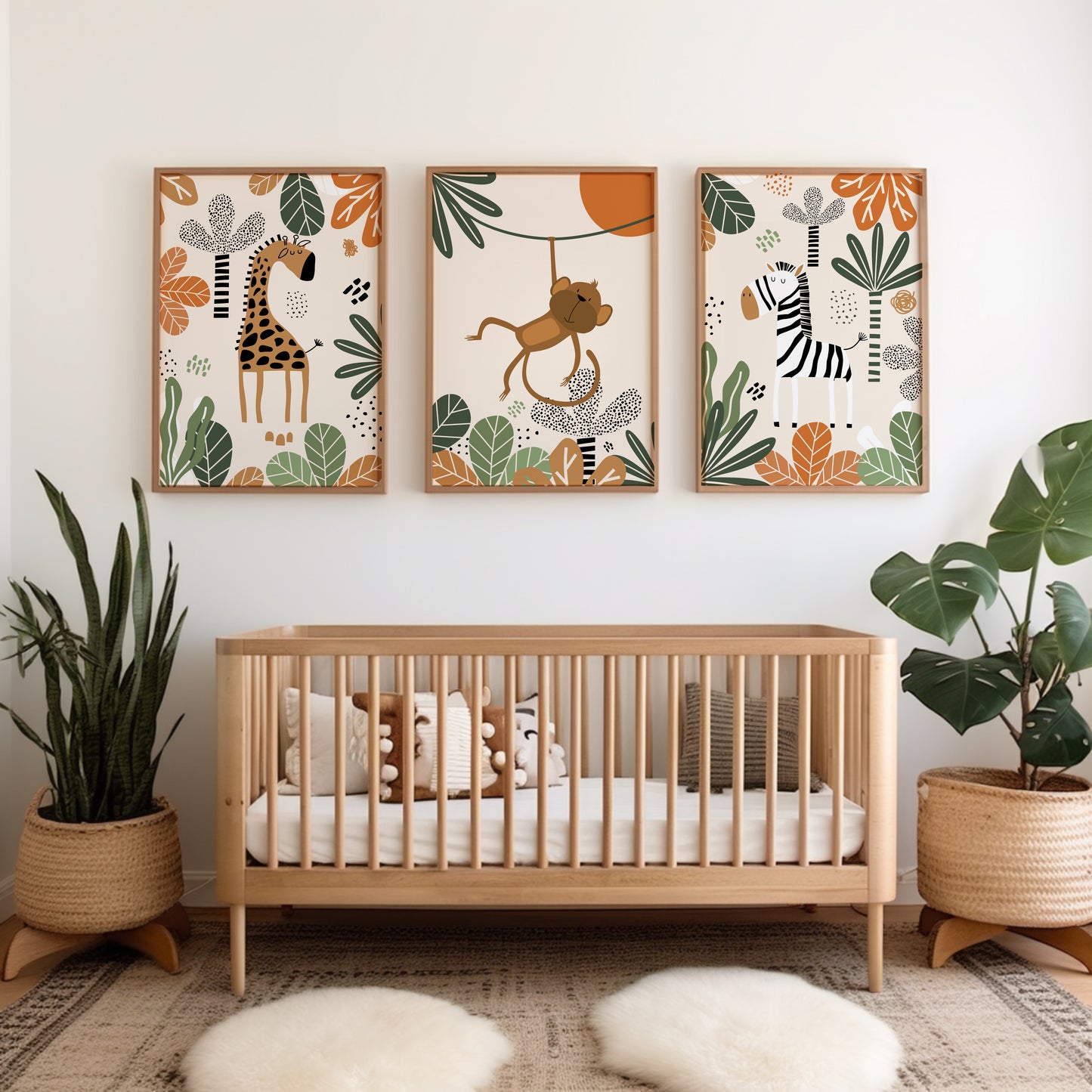 Set of 3 Orange & Green Safari Nursery Wall Art Prints