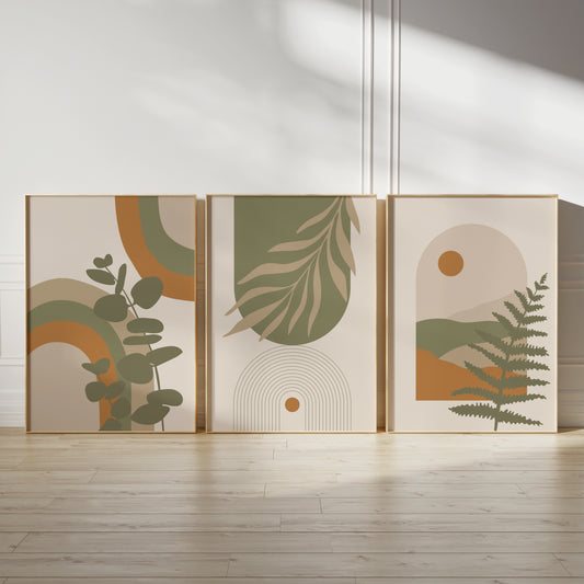 Set of 3 Green & Orange Boho Wall Art Prints