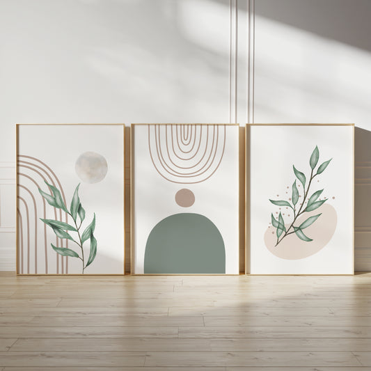 Set of 3 Botanical Boho Green & Beige Wall Prints