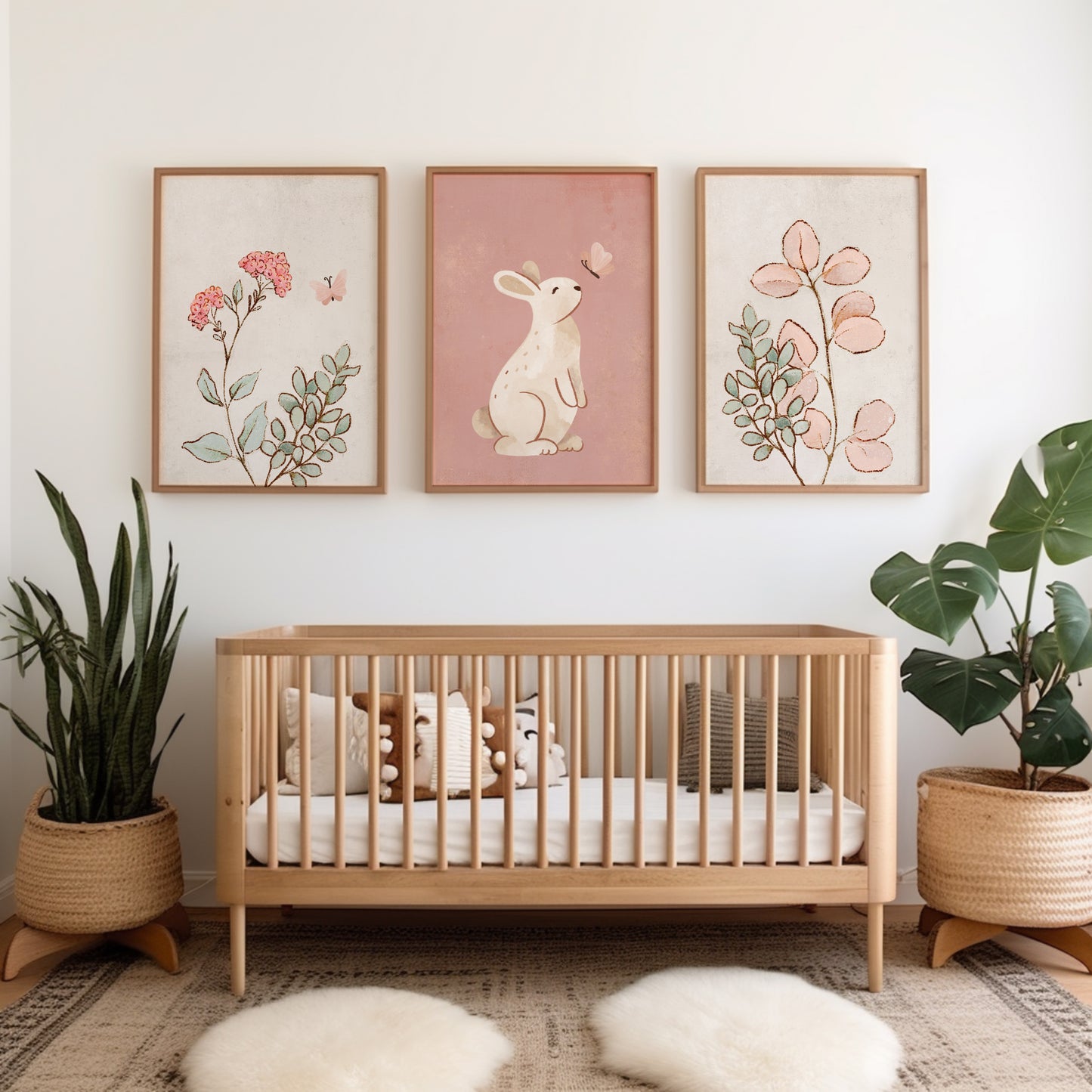 Set of 3 Pink Bunny Girls Nursery Wall Art Prints