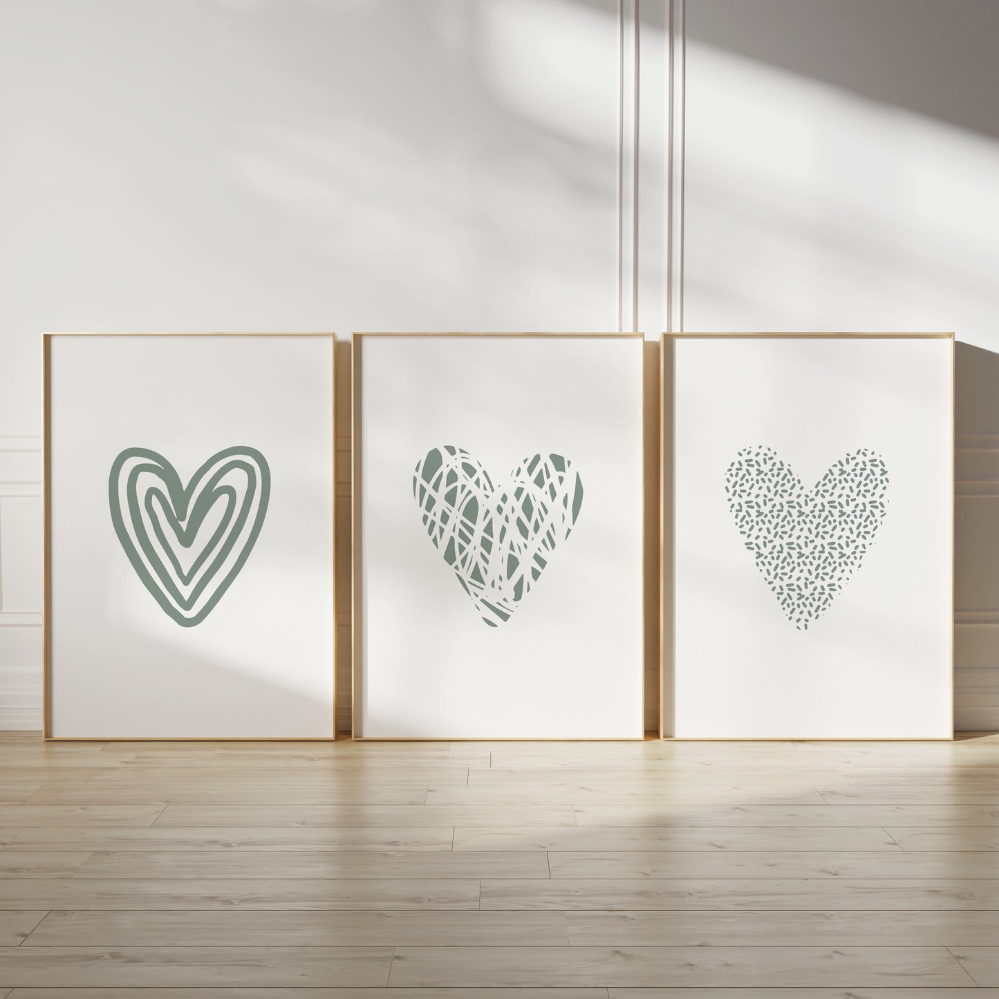 Set of 3 Sage Green Love Heart Wall Art Prints