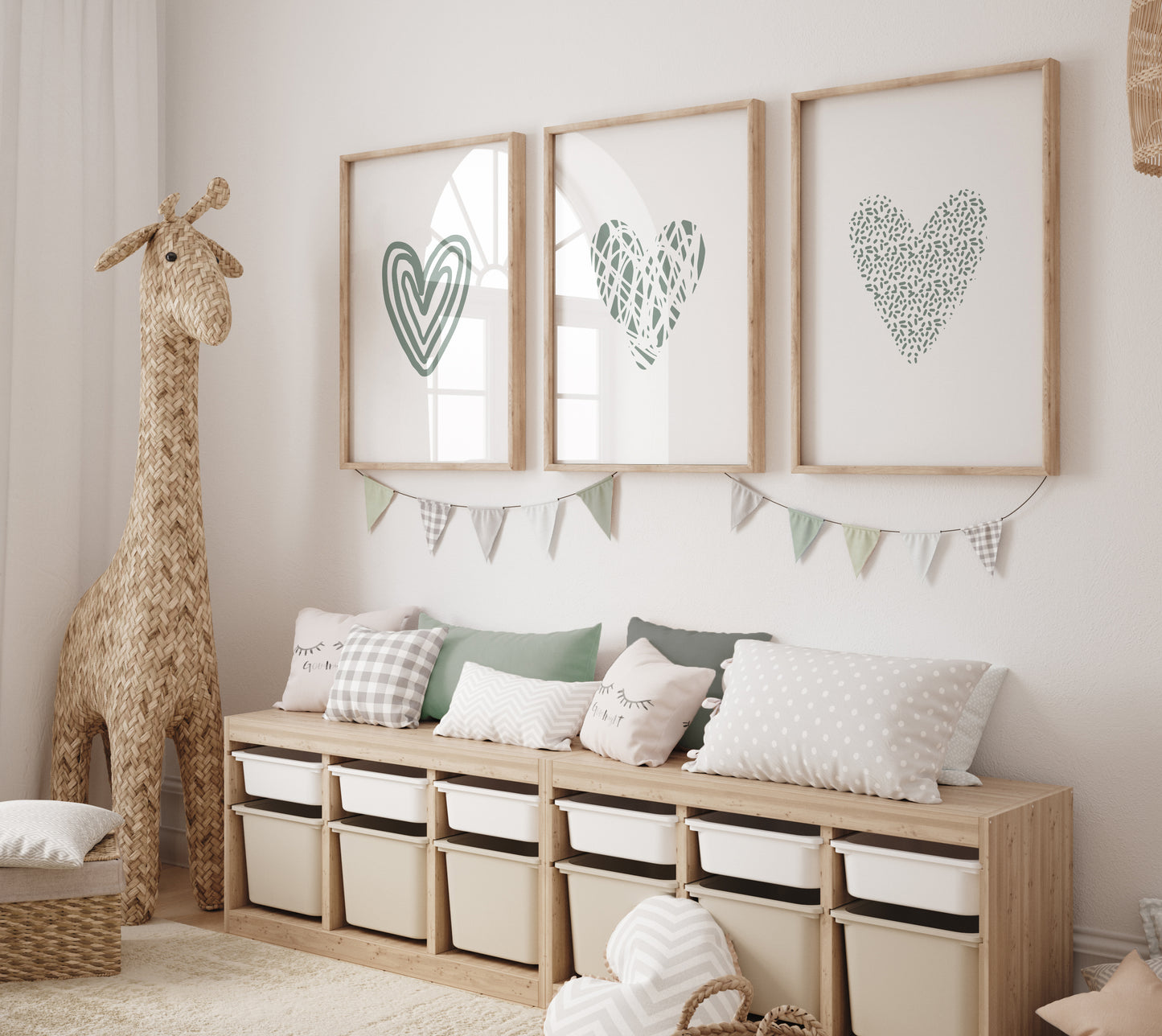 Set of 3 Sage Green Love Heart Wall Art Prints