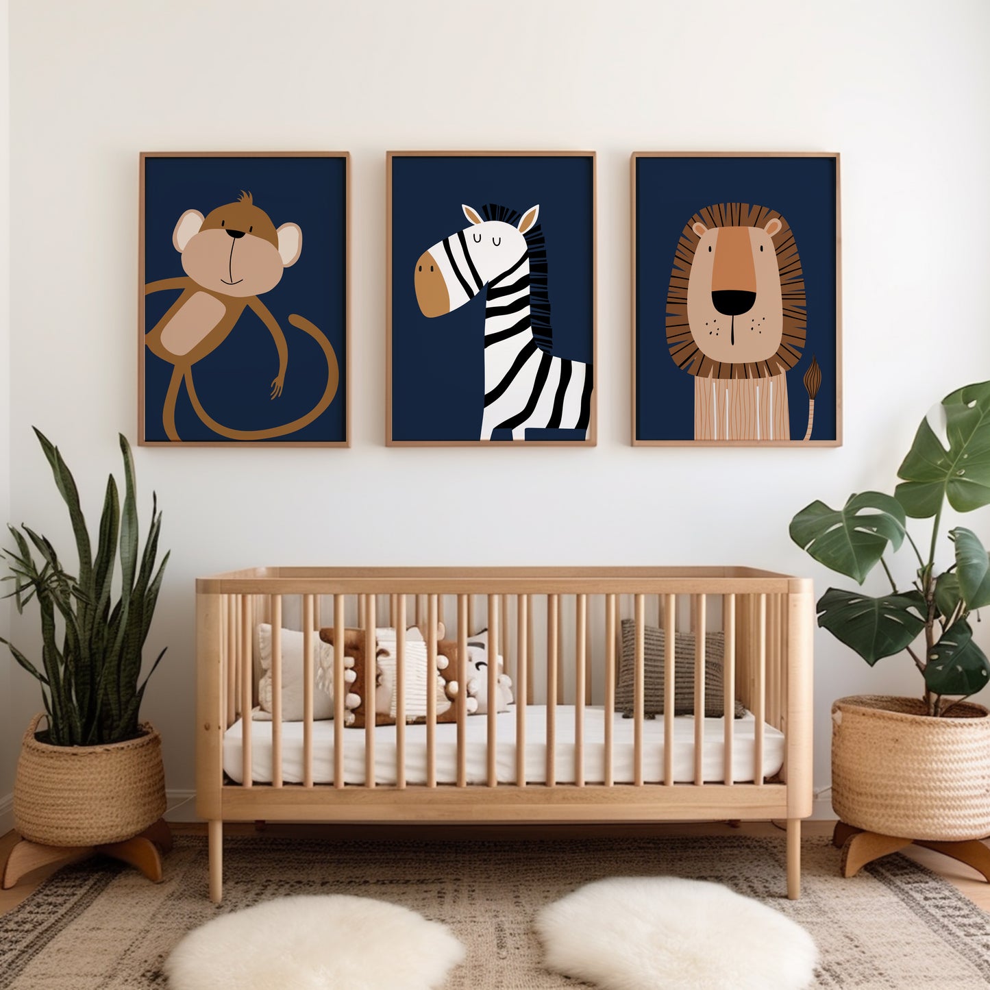 Set of 3 navy blue safari animal boys bedroom prints