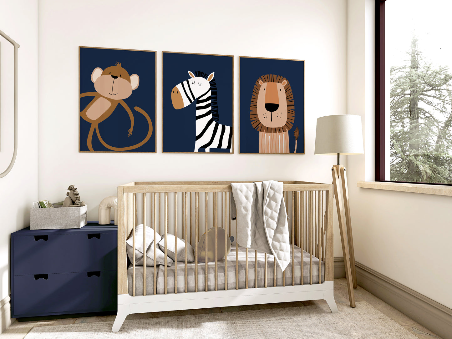 Set of 3 navy blue safari animal boys bedroom prints
