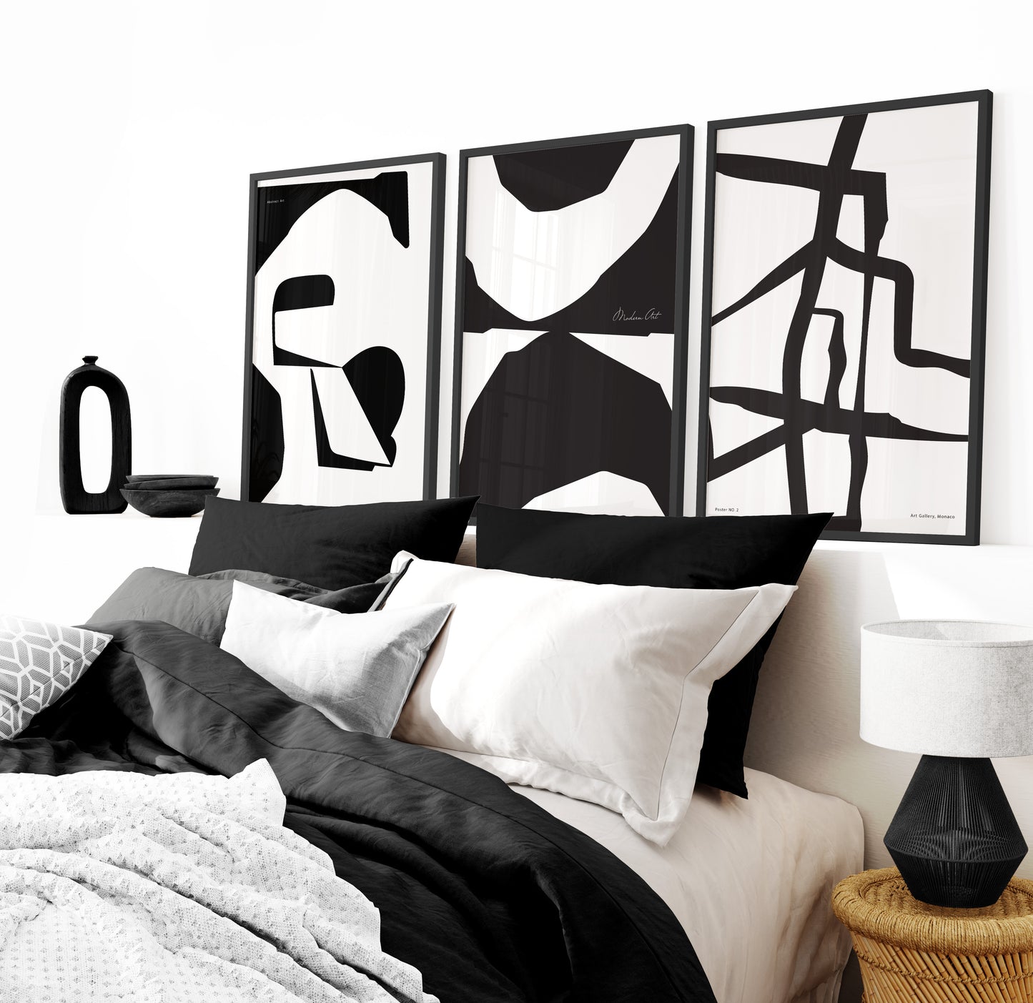 Set of 3 Black & White Abstract Wall Art Prints
