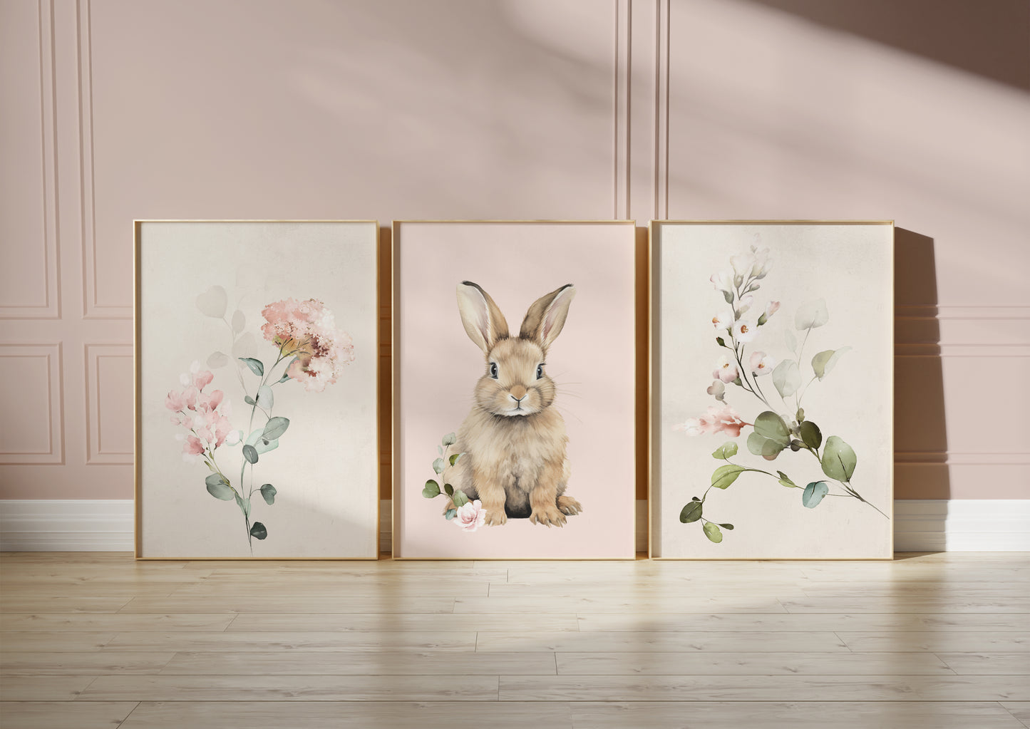 Set of 3 Pink floral Bunny Nursery Prints