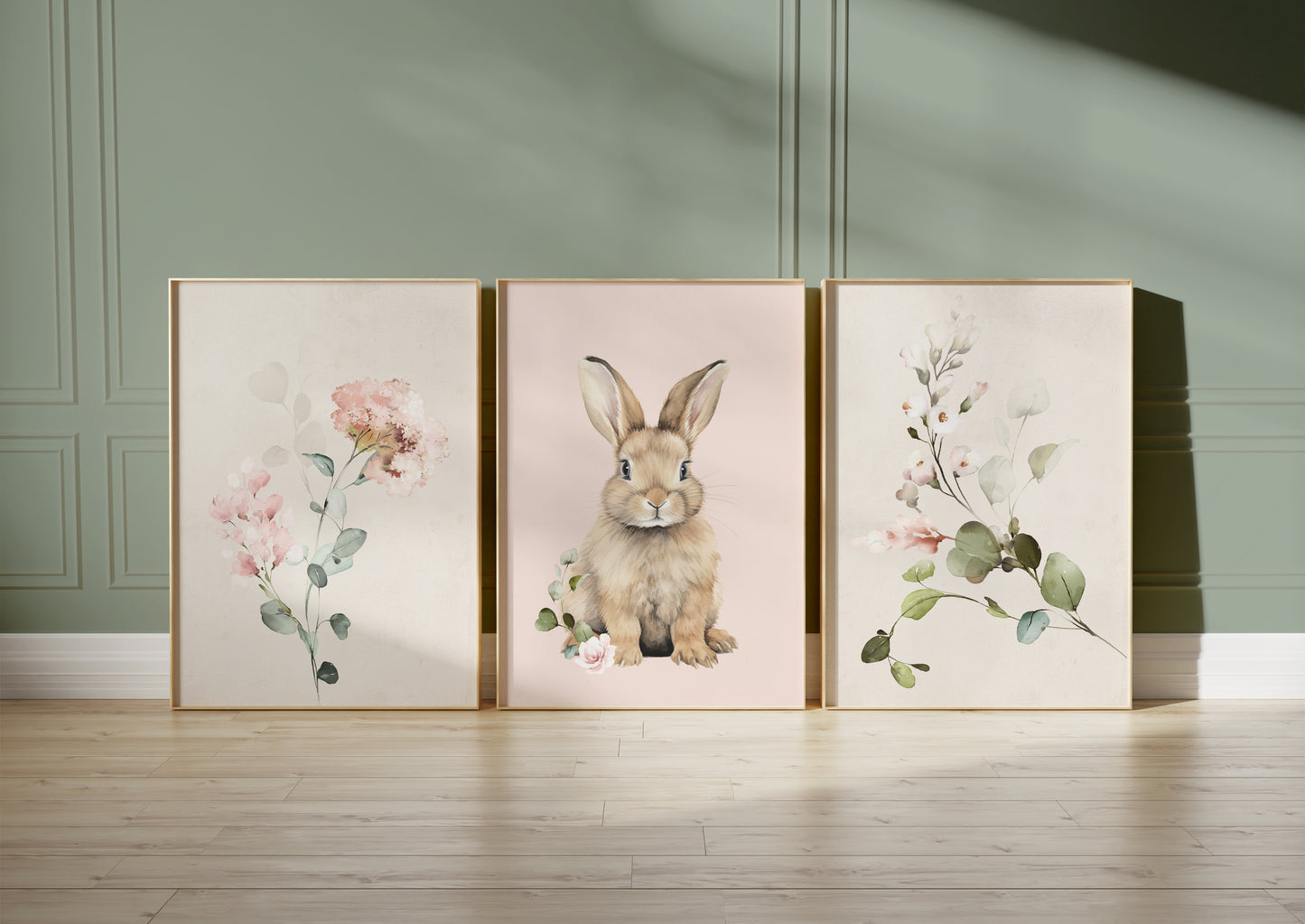 Set of 3 Pink floral Bunny Nursery Prints