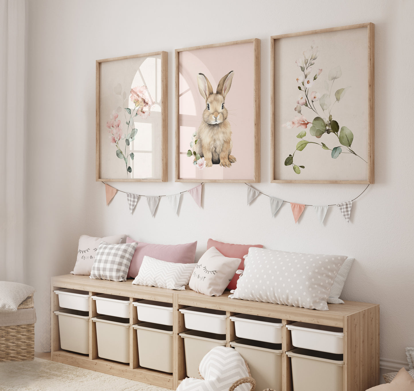 Set of 3 Pink floral Bunny Nursery Prints