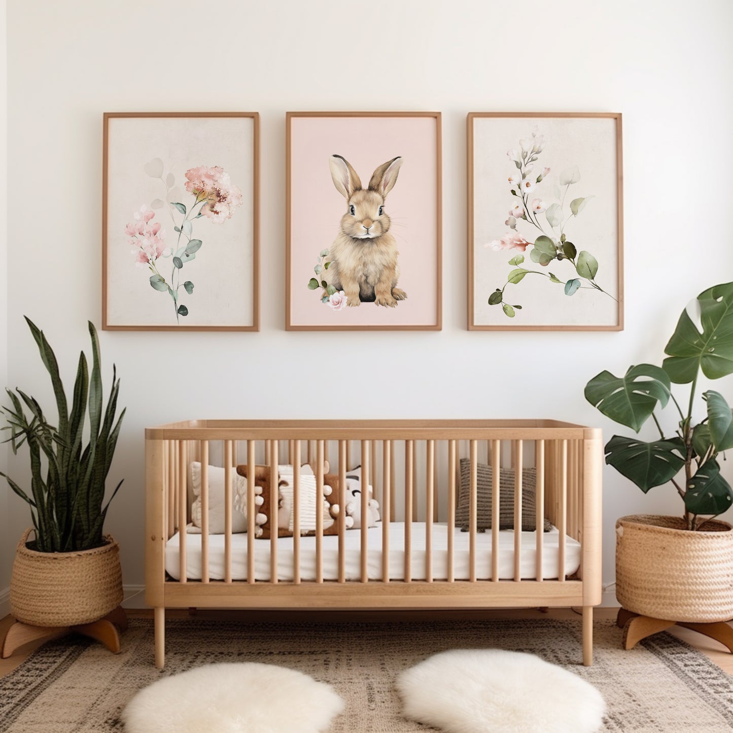 Set of 3 Pink floral Bunny Nursery Prints