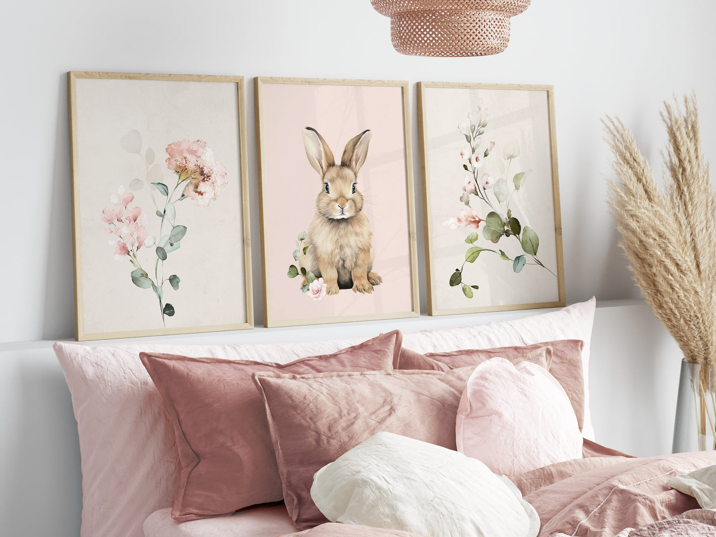 Set of 3 Pink floral Bunny Nursery Prints