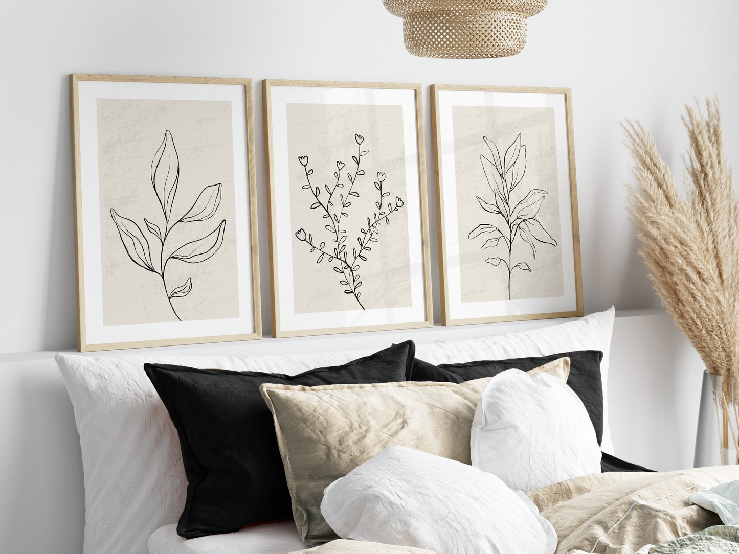 Set of 3 Neutral Line Art Plants Wall Prints