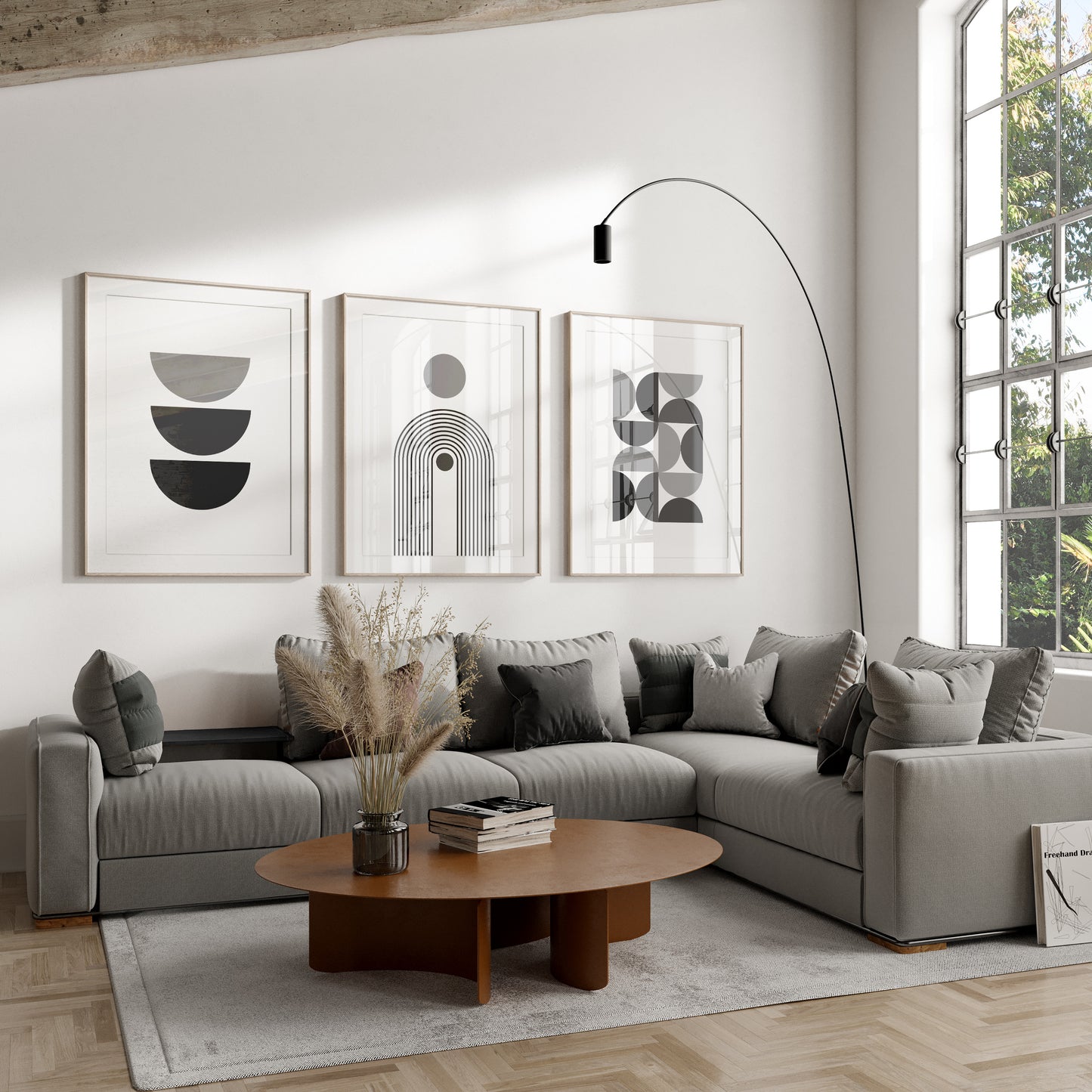 Set of 3 Grey & White Boho Wall Art Prints