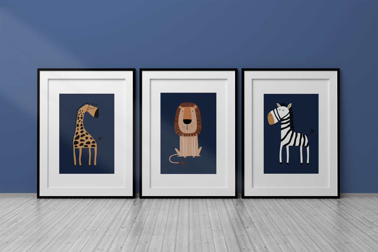 Set of 3 Navy Blue Safari Animal Nursery Wall Art Prints