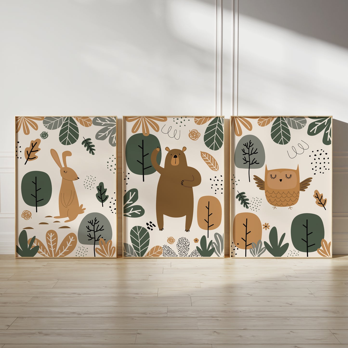 Set of 3 Green & Beige Woodland Nursery Wall Prints
