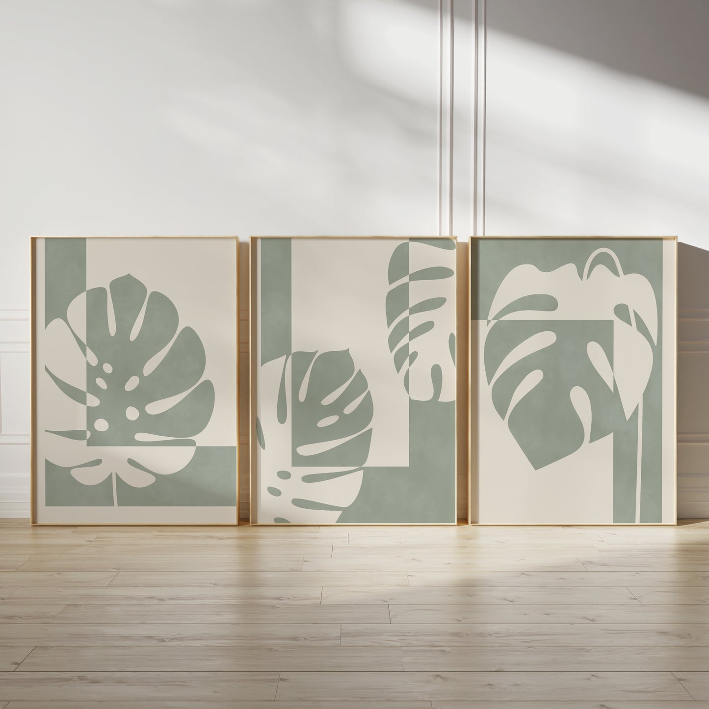 Set of 3 Sage Green Monstera Abstract Wall Prints