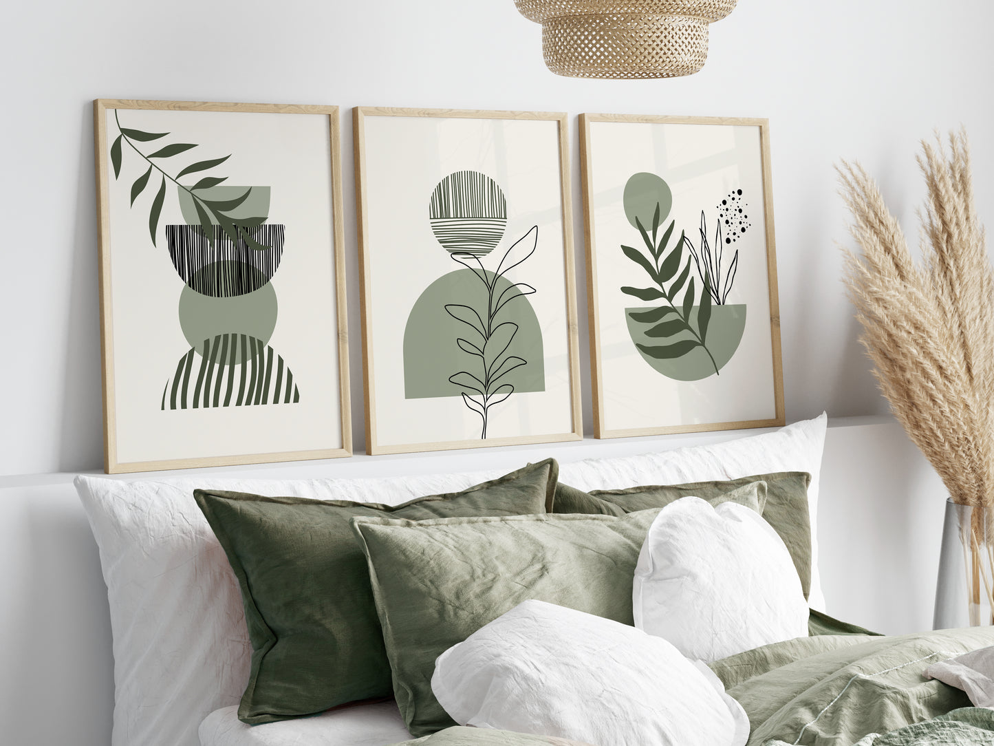 Set of 3 Green & Cream Boho Wall Art Prints