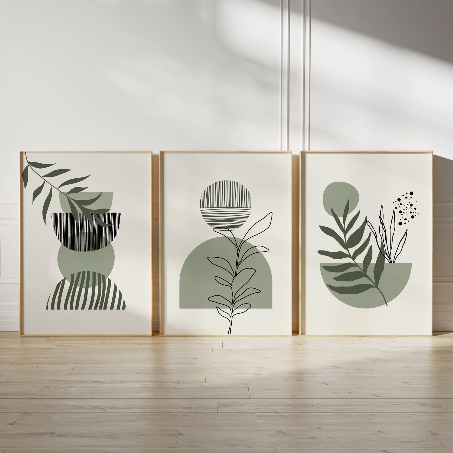 Set of 3 Green & Cream Boho Wall Art Prints