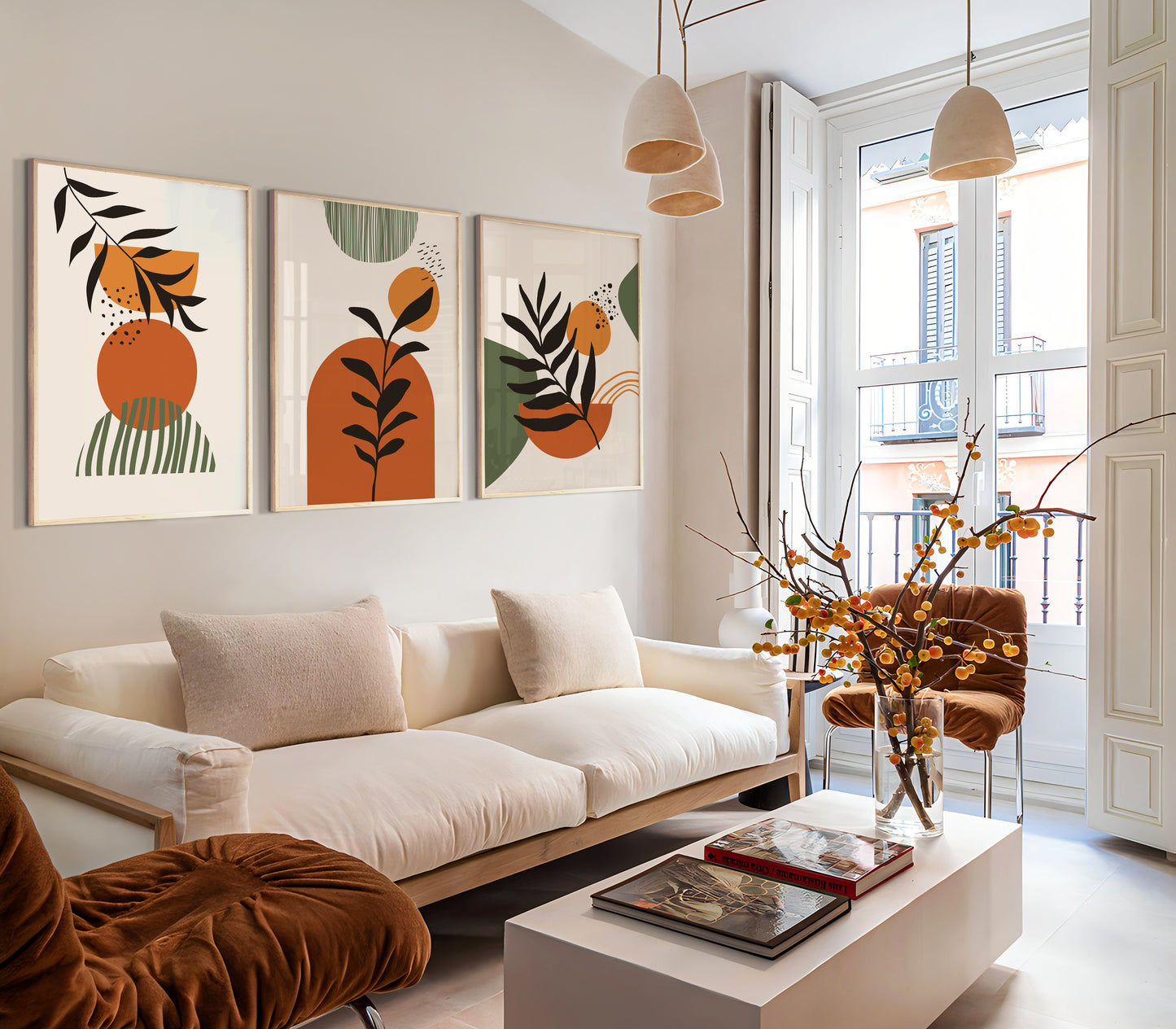 Set of 3 Orange & Green Boho Wall Art Prints