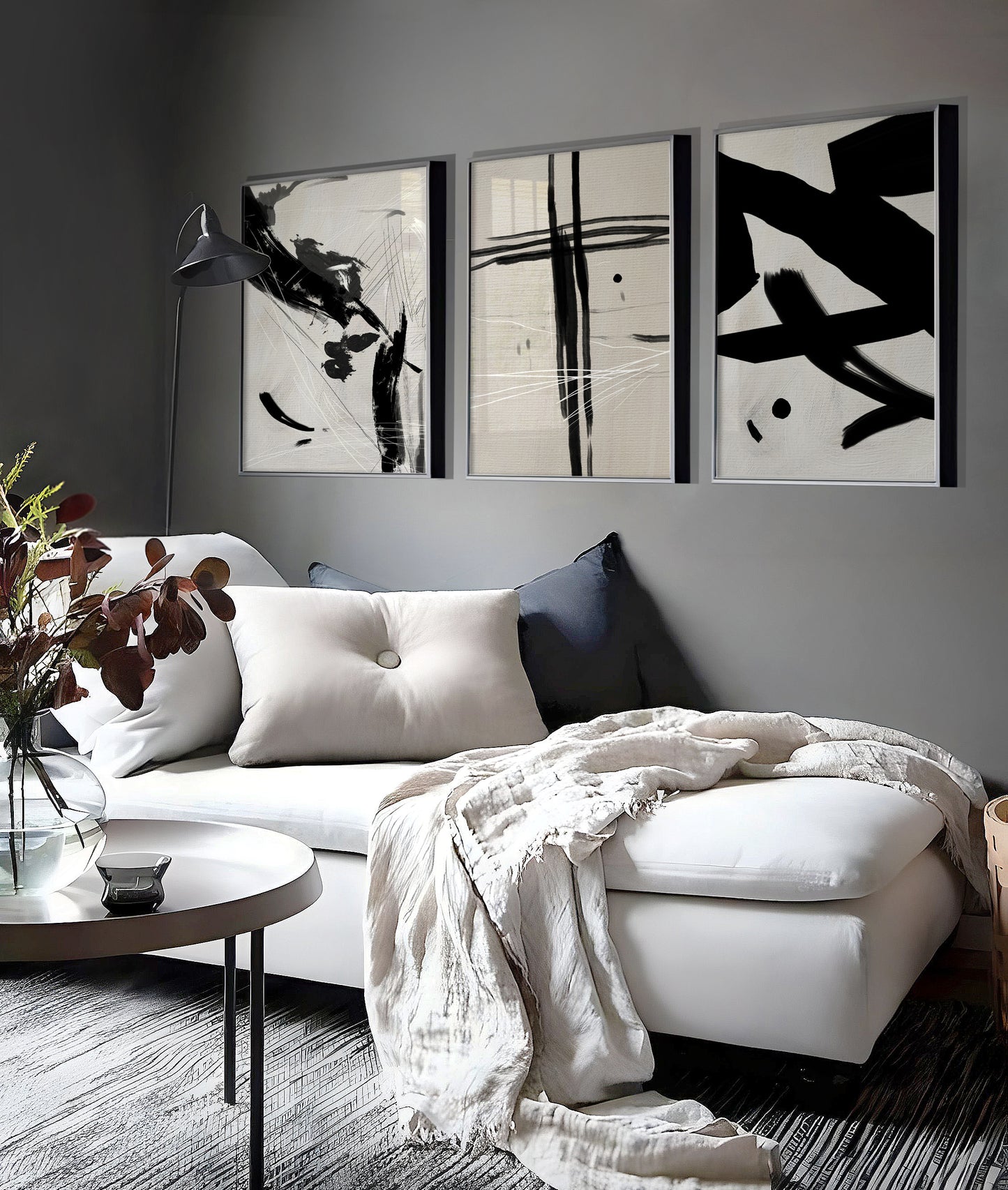 Set of 3 Beige & Black Abstract Wall Art Prints