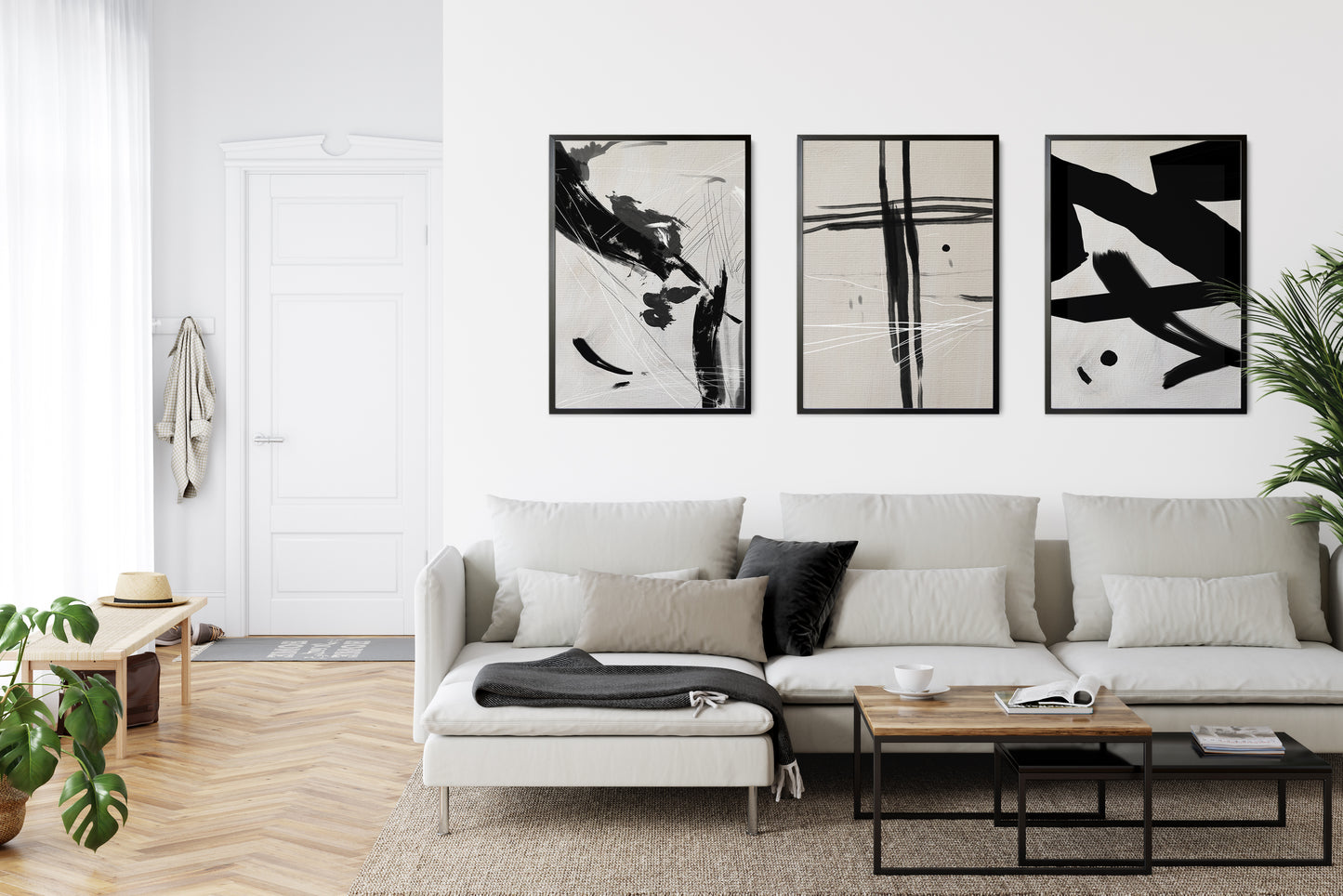 Set of 3 Beige & Black Abstract Wall Art Prints