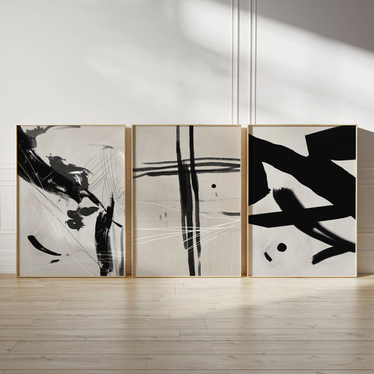 Set of 3 Beige & Black Abstract Wall Art Prints