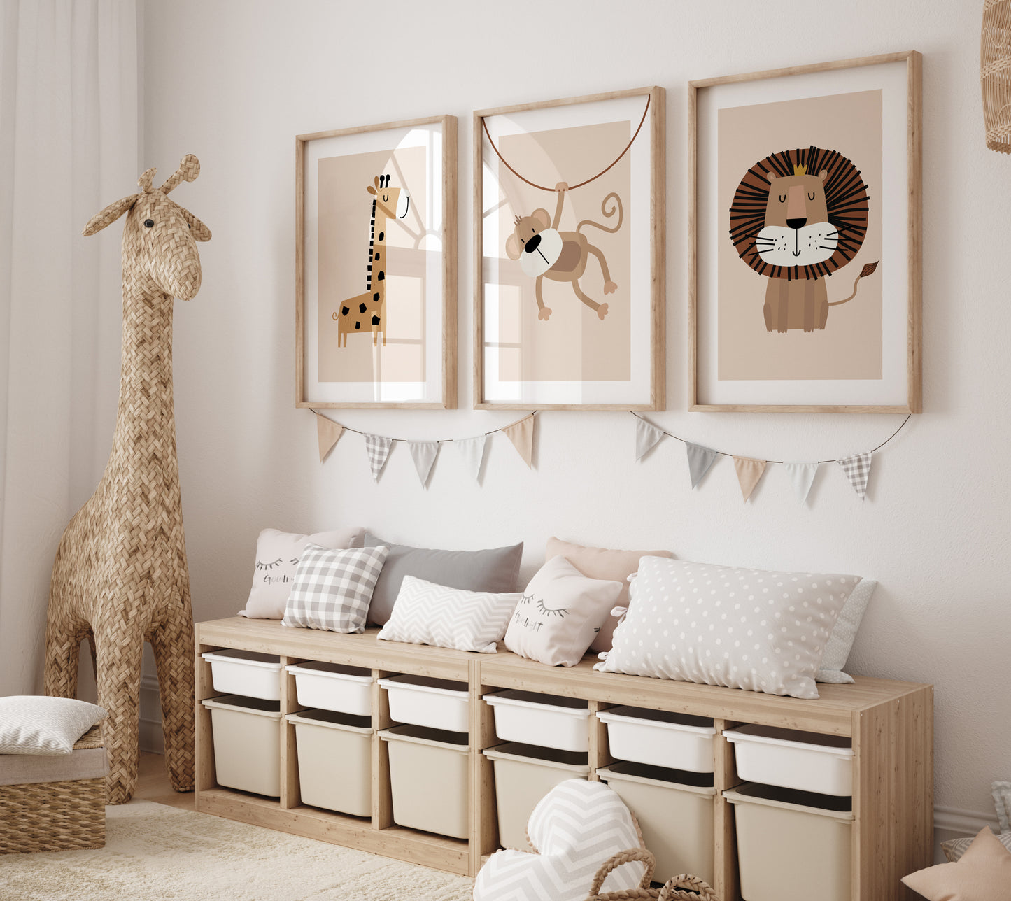 Set of 3 Neutral Safari Animal Nursery Wall Prints