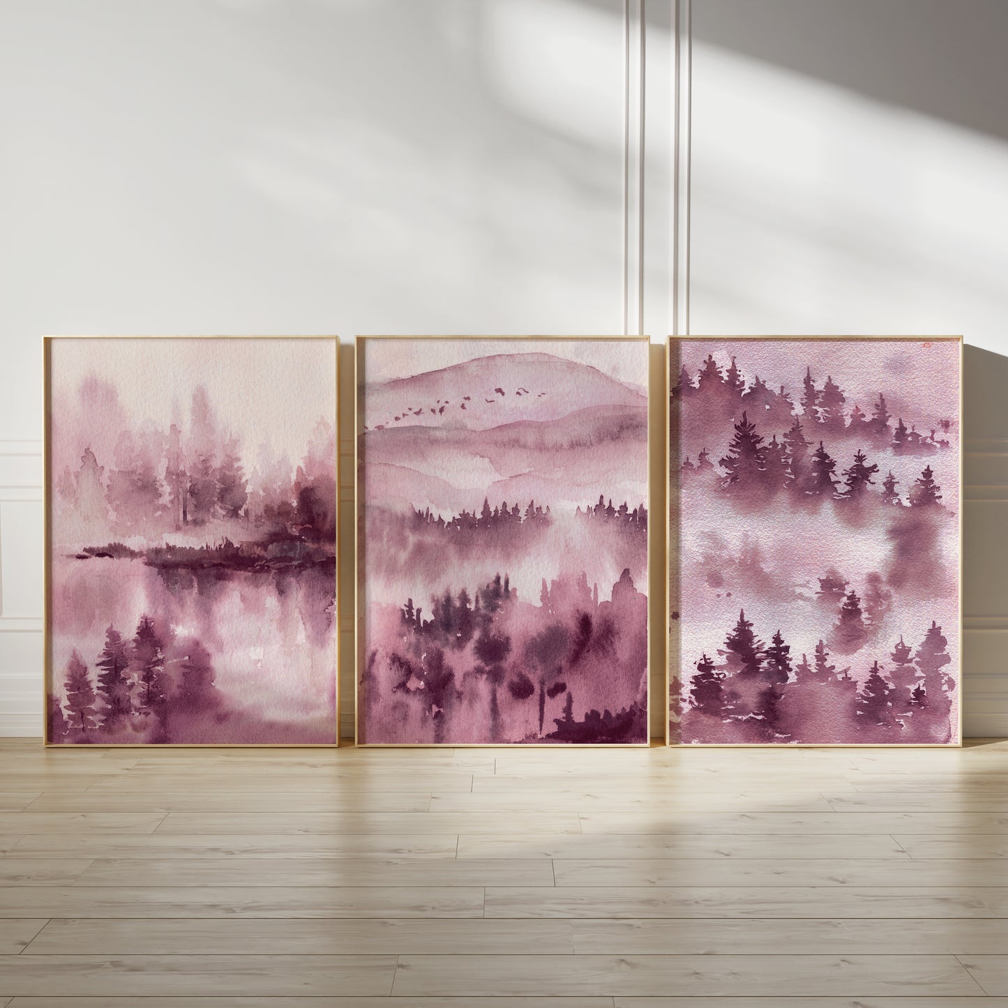 Set of 3 Pink Watercolour Landscape Wall Art Prints
