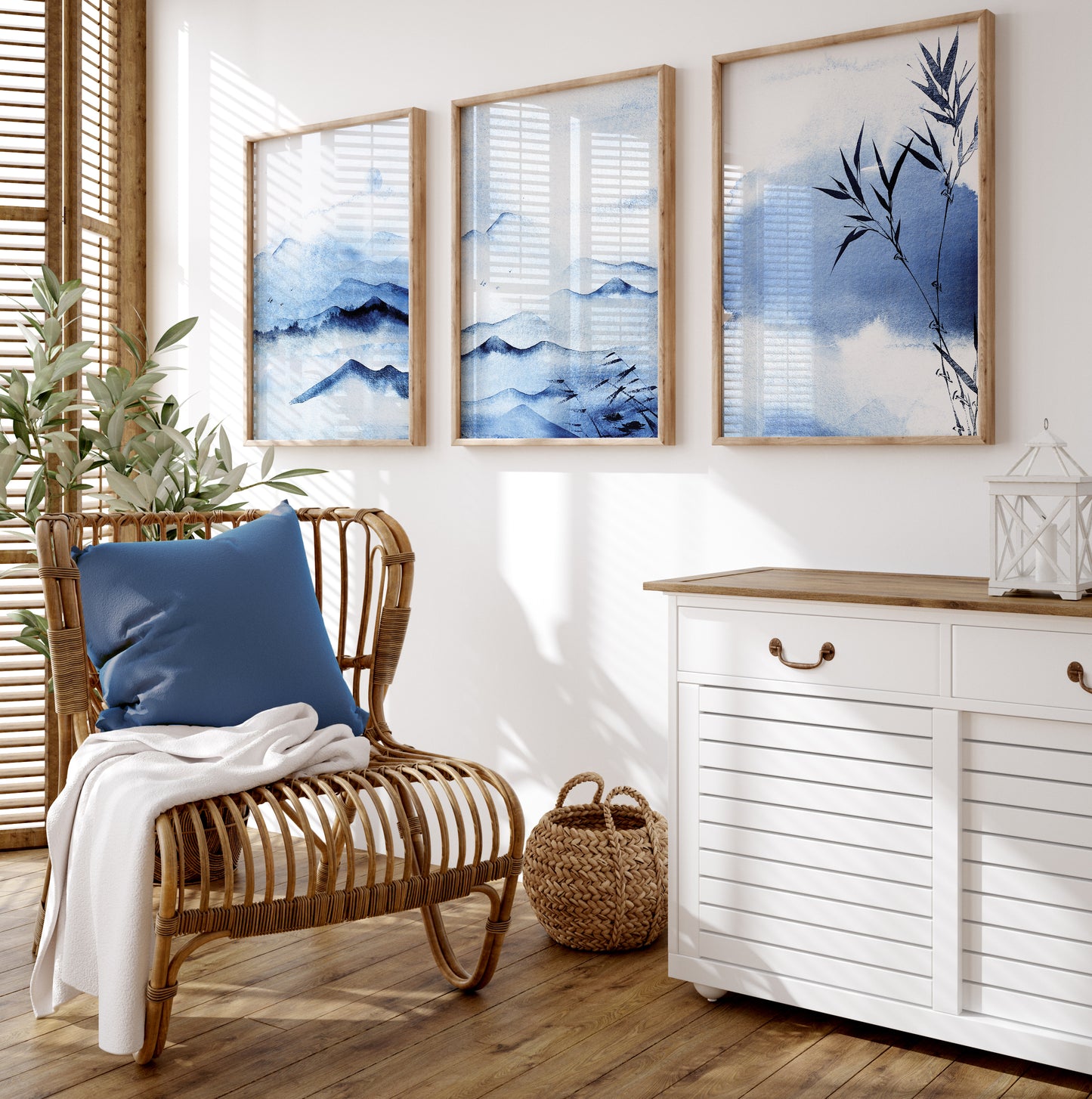 Set of 3 Blue Oriental Watercolour Landscape Wall Art Prints