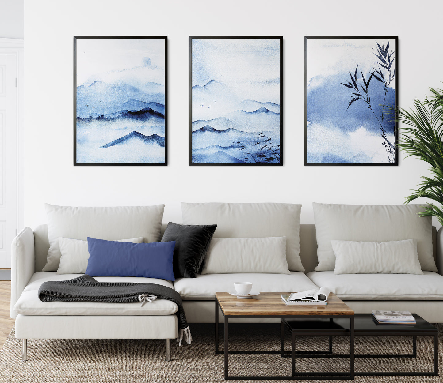 Set of 3 Blue Oriental Watercolour Landscape Wall Art Prints