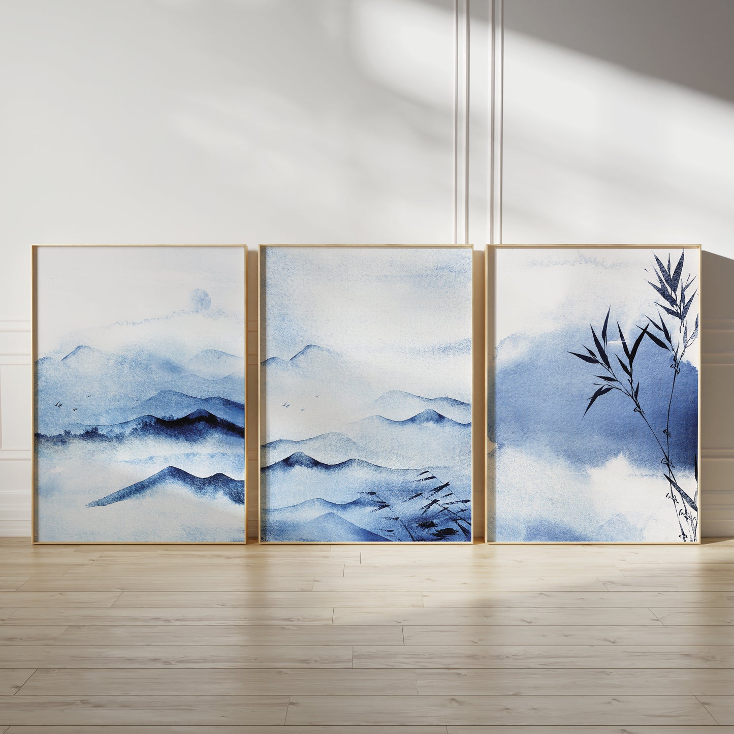 Set of 3 Blue Oriental Watercolour Landscape Wall Art Prints
