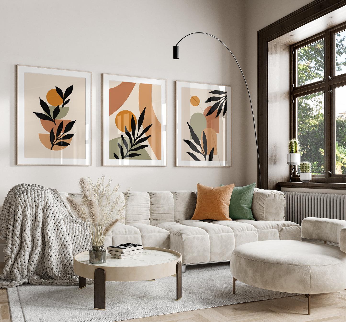 Set of 3 Orange & Green Boho Abstract Wall Art Prints