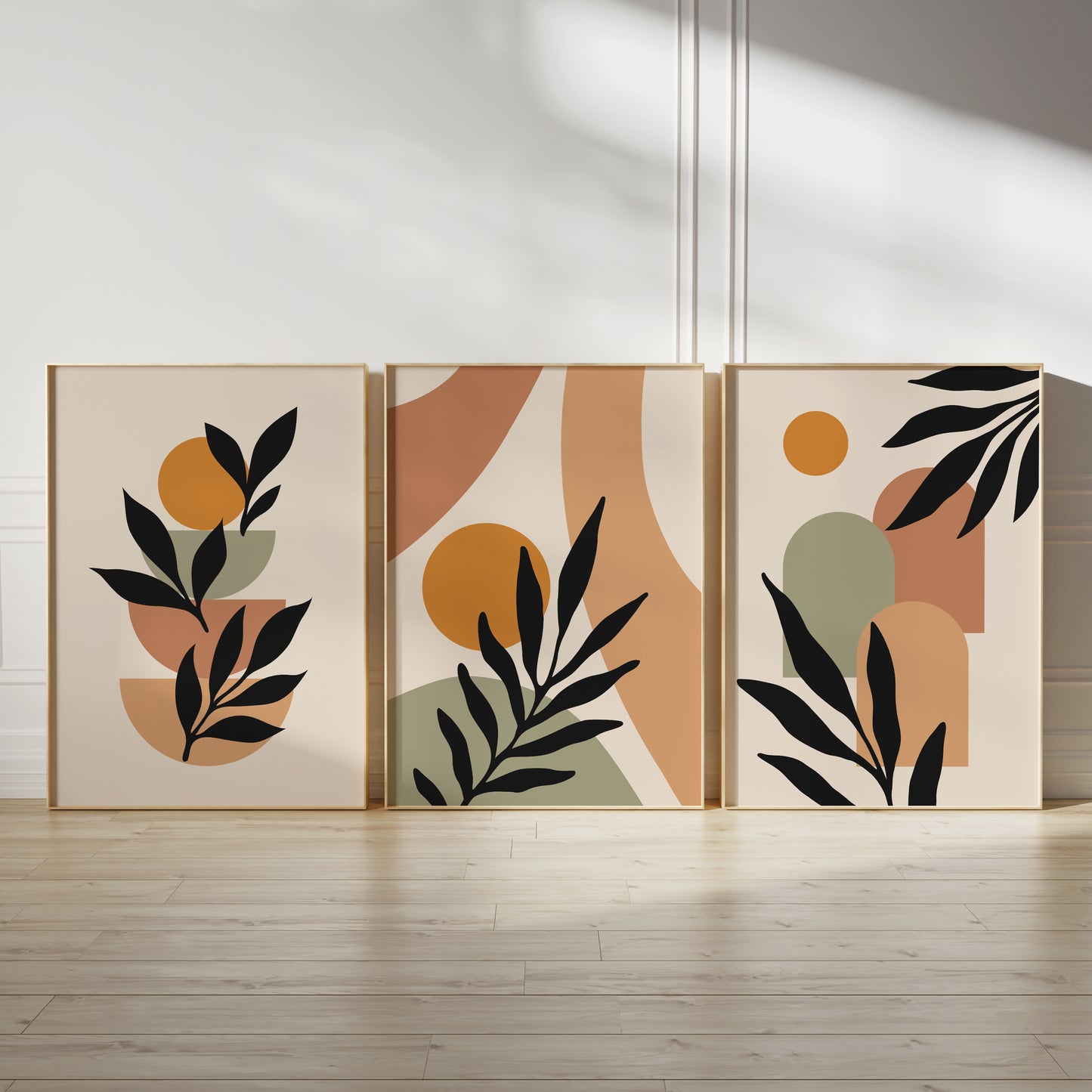 Set of 3 Orange & Green Boho Abstract Wall Art Prints