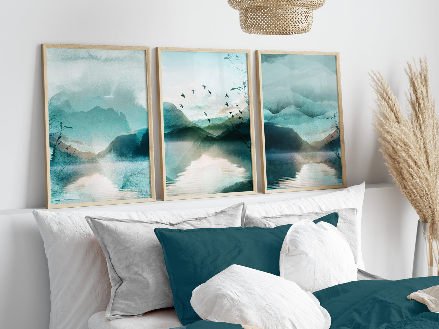 Set of 3 Teal Blue Watercolour Landscape Abstract Wall Prints