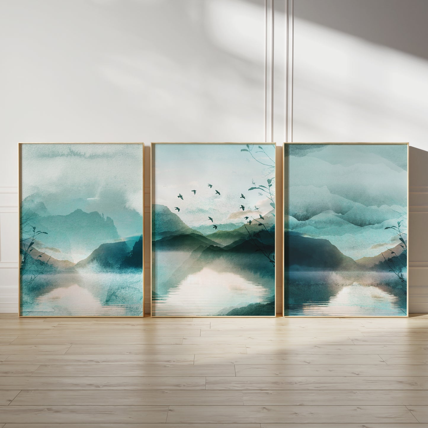 Set of 3 Teal Blue Watercolour Landscape Abstract Wall Prints