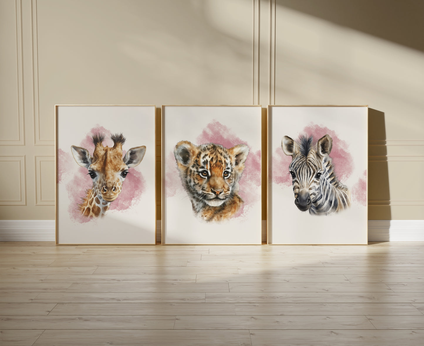Set of 3 Pink Girls Safari Animal Nursery Wall Prints