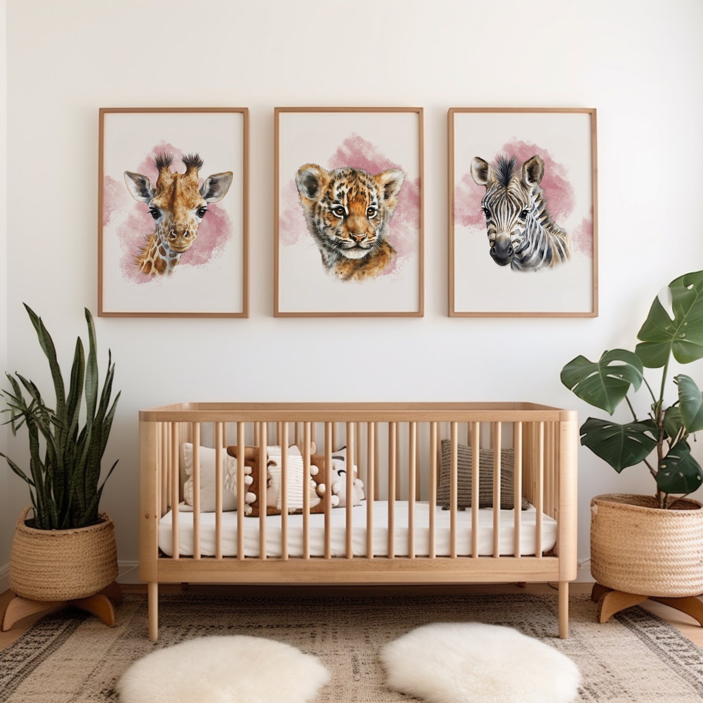 Set of 3 Pink Girls Safari Animal Nursery Wall Prints