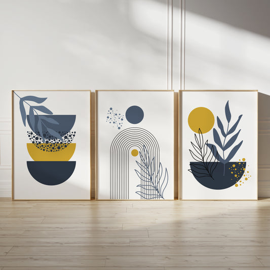 Set of 3 Mustard & Blue Boho Wall Prints