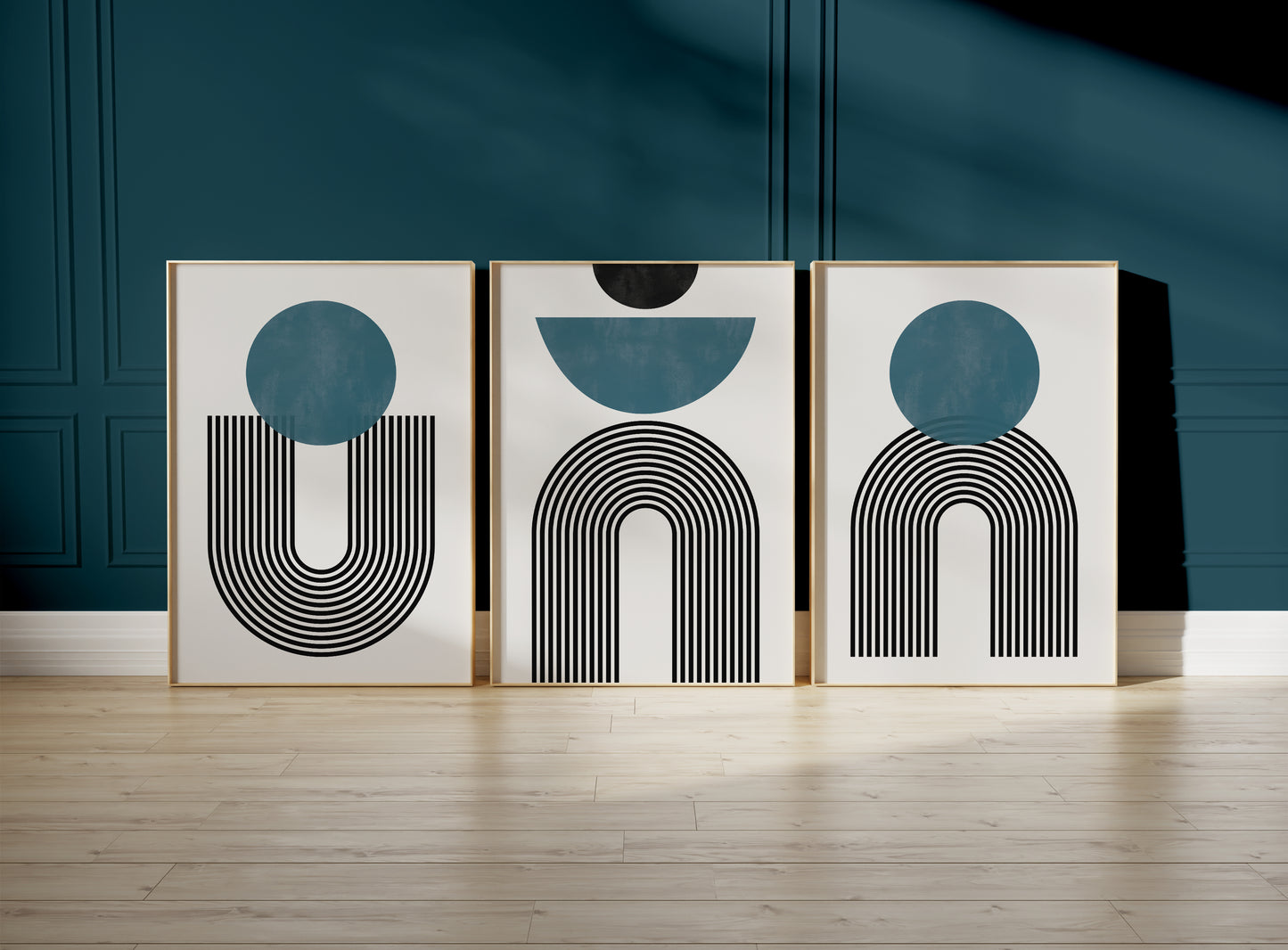 Set of 3 Teal Abstract Modern Mid Century Wall Art Prints