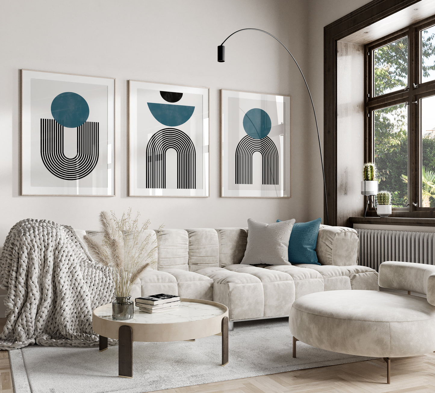 Set of 3 Teal Abstract Modern Mid Century Wall Art Prints