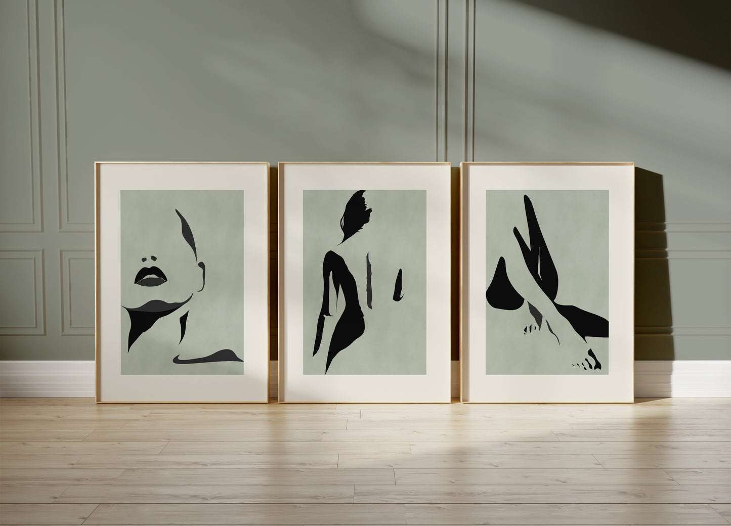 Set of 3 Green Abstract Women Wall Art Prints