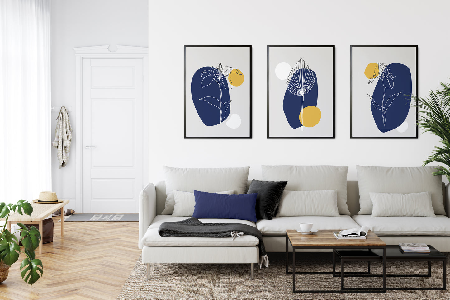 Set of 3 Blue, Yellow & Grey Wall Art Prints
